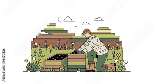 Gardener Tending Terraced Garden with Flowers and Seedlings
