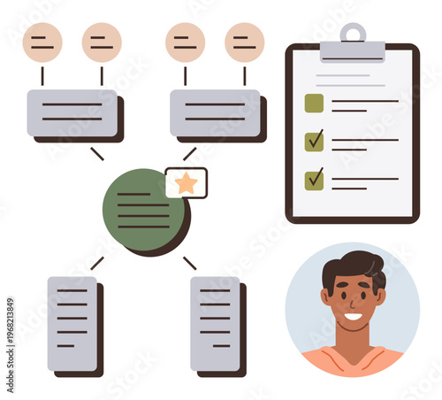 Task organization, project planning, teamwork, workflow visualization, simple processes, data management. A flowchart with tasks, checklist and user avatar. Task organization and project planning