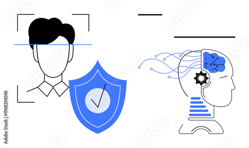 Identity verification, data security, artificial intelligence, authentication, cybersecurity, biometrics. Face scanning with checkmark shield beside digital human brain with neural circuits. Identity