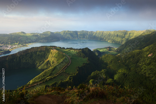 Aerial view of Sete Cidades volcanic crater lake and green hills, São Miguel Island, Azores, Portugal