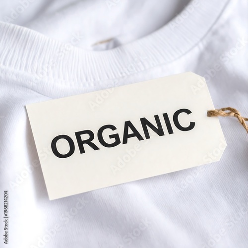 Close-up shot of a white t-shirt with a rectangular label attached, reading 