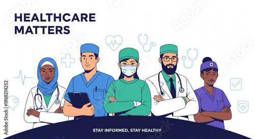 Diverse group of medical professionals standing together in scrubs and lab coats with stethoscopes