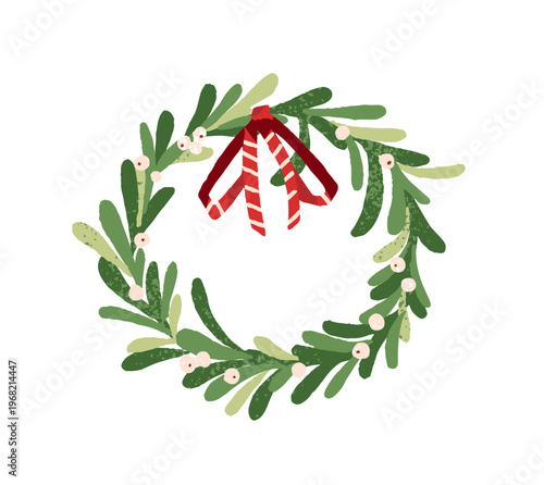 Christmas mistletoe door wreath with red ribbon bow. Holly or holy berry for winter holiday decorations. Traditional Xmas ornament. Flat isolated hand drawn vector illustration on white background