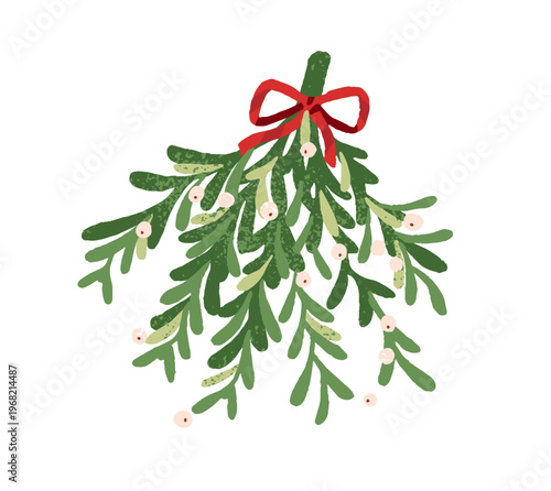 Bunch of mistletoe branches with red bow. Holly berry twigs with ribbon. Holy floral ornament for winter holiday. Christmas decor Xmas decoration. Flat isolated hand drawn vector illustration on white