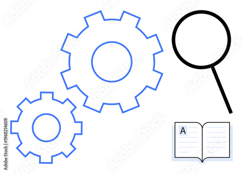 Data analysis, research, education, engineering, understanding, and process optimization. Two gears, magnifying glass open book. Research and data analysis concept