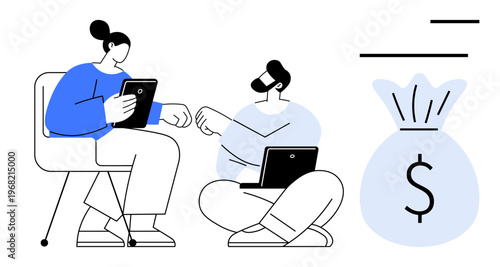 Teamwork, digital finance, budgeting, online collaboration, business planning, remote work. Two people interacting with digital devices and a money bag icon. Teamwork and digital finance concept