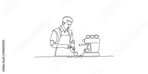 Continuous line drawing of a man making coffee with a machine barista apron one illustration