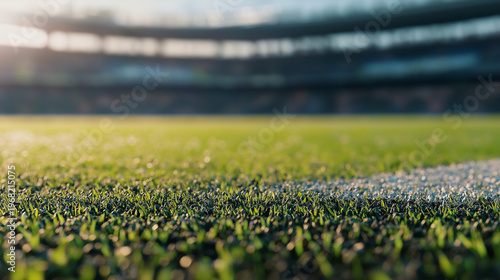 Soccer field grass close up with stadium background and lights