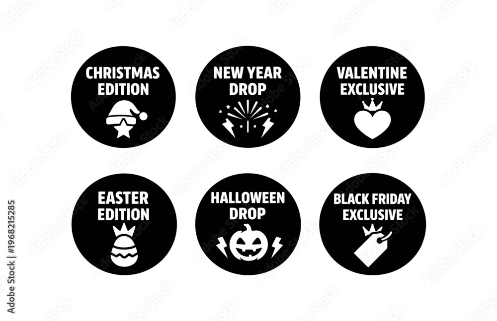 Fototapeta premium Holiday and seasonal badges icon set. christmas edition, new year drop, valentine exclusive, easter edition, halloween drop, black friday exclusive, promotional stickers. 