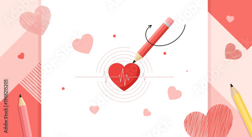 Pencil Drawing Heartbeat with Heart Symbol, Love and Health Concept