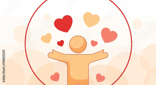 Person Embracing Love: Abstract Figure with Hearts and Red Circle