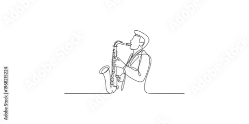 Man playing a saxophone with one continuous line drawing style on white background musician jazz