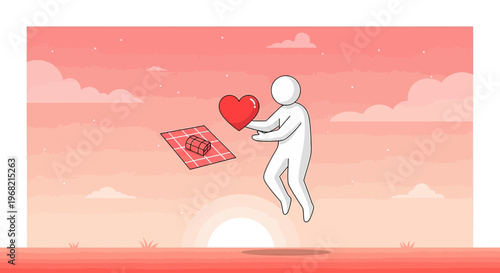 Person Giving Heart Icon on Picnic Blanket in Sunrise Sky
