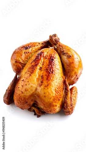 Close-up shot of a whole roasted chicken against a white background. The chicken shows crispy, golden-brown skin, ready to be served