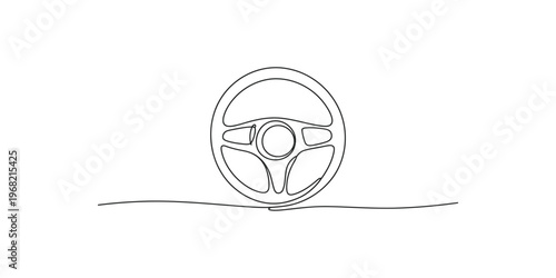 Continuous line drawing of a car steering wheel on white background vehicle automotive transportation driving