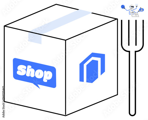 E-commerce, delivery services, retail logistics, shipping, online shopping, packaging design. A cardboard box with an e-commerce logo and fork illustration. E-commerce and delivery services concept