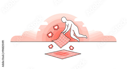 Person Shaking Blanket with Likes Falling Out, Social Media Concept