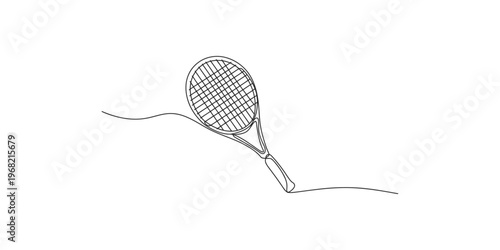 Continuous line drawing of a tennis racket on a white background one sports black and