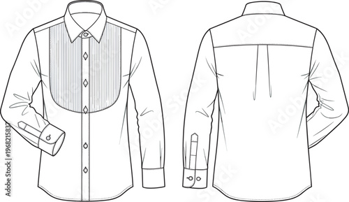 Mens long sleeve dress shirt front and back technical drawing vector, formal pleated bib tuxedo shirt flat sketch template design
