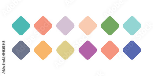Twelve colorful rounded diamond shapes are neatly arranged on a white background.