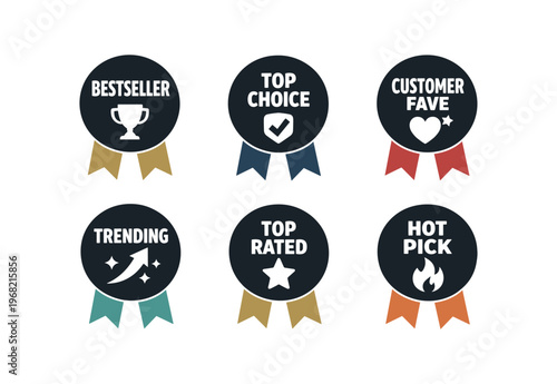 Ribbon award badges icon set. bestseller, top choice, customer fave, trending, top rated, hot pick with colorful ribbons for product highlights. line, flat and colored vector icon set.