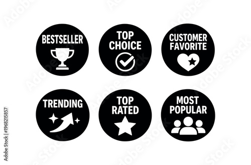 Round product badges icon set. bestseller, top choice, customer favorite, trending, top rated, most popular. line, flat and colored vector icon set.