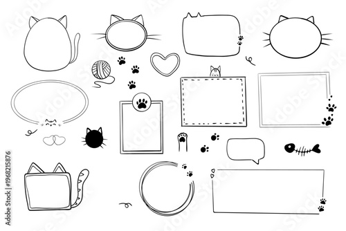 Empty cute cat or dog, pet frame set, speech bubble with ears and tail, border with paw print. Doodle sketch hand drawn elements. Footprint badge, border divider. 