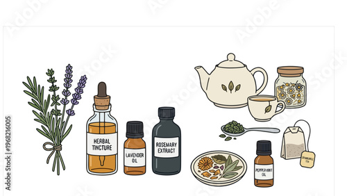 Herbal Wellness Bottles Vector – Minimal Essential Oils & Tea Illustration