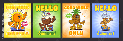 Summer vacation beach party backgrounds with groovy characters. Vector poster retro design with mascot pineapple in sunglasses, coconut drink, cute ice cream cone in flip flops, set for beach events