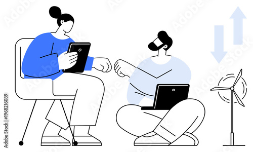 Sustainable energy, teamwork, digital technology, renewable solutions, innovation, corporate strategy. Two people using tablets and laptops near a wind turbine. Sustainable energy and teamwork