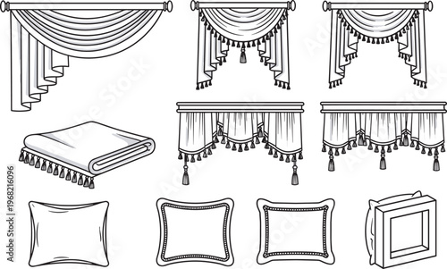 Black and white curtain and pillow illustrations, decorative home textile designs, tassel valances, ornamental drapery artwork, interior decor graphic elements set