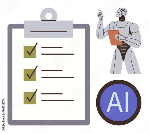 Task management, automation, AI technology, workflow organization, robotics, future tech. A robot holding a clipboard beside a checklist and AI symbol. Task management and automation technology