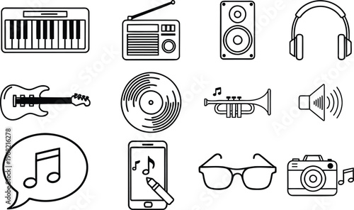 Vintage music equipment collection a black and white illustration