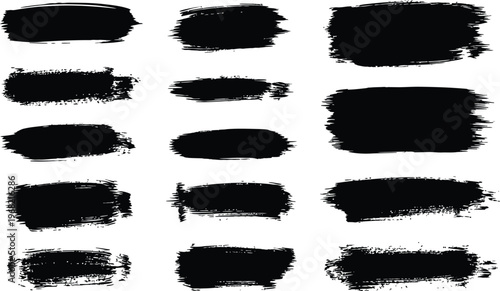 Collection of rough black brush strokes and textures on white background