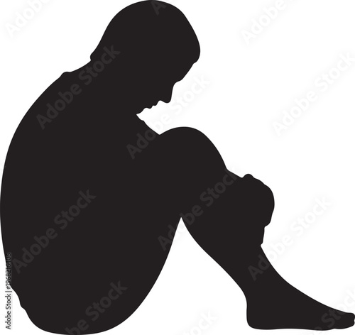 A stark silhouette of a person hunched, symbolizing deep sadness, introspection, and emotional struggle. This graphic conveys loneliness, anxiety, and the quiet burden of vulnerability