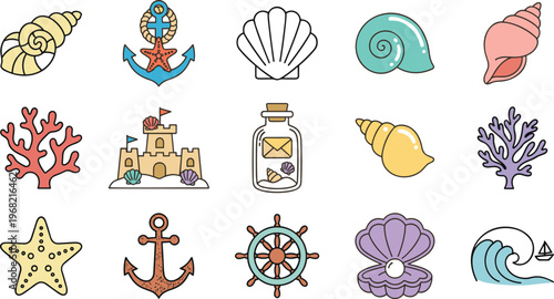 Vector set of twelve decorative seashell and starfish icons featuring ocean beach and nautical theme elements for summer design.