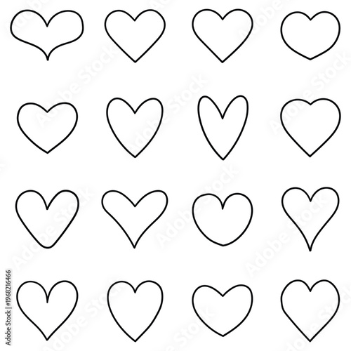 Hand-drawn doodle set of hearts on a white background.