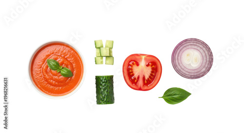Gazpacho soup, fresh ingredients flat lay, top view for healthy recipe isolated on transparent background