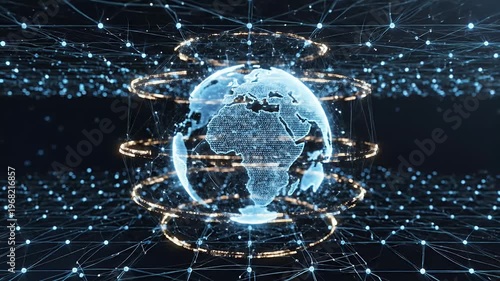 Abstract glowing network of nodes and lines with blurred bokeh lights in background