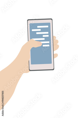 Cartoon style drawing, hand holding a phone, on a white background, flat style, mobile application