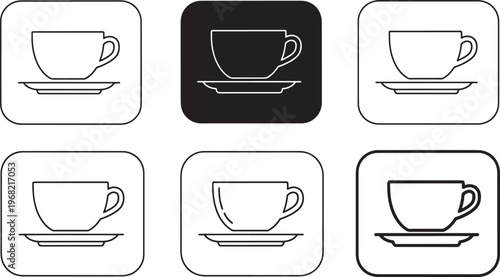 Tea Cup Icon Set, Coffee Cup Vector Collection, Minimal Outline and Solid Cup and Saucer Icons for Beverage, Cafe, Restaurant and Kitchen Design