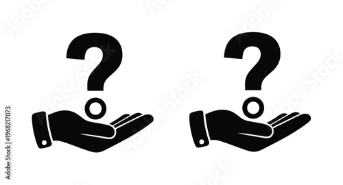 Two hands holding question marks a visual dilemma on transparent background silhouette