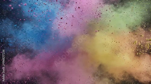 Explosive vibrant colorful powder clouds bursting outwards against a dark background