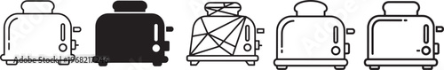 Toaster Icon Set, Kitchen Appliance Vector Collection, Minimal Outline and Solid Bread Toaster Icons for Breakfast, Cooking, Home and Household Design