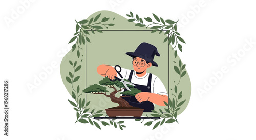 Gardener Trimming Bonsai Tree with Scissors, Nature Art Frame