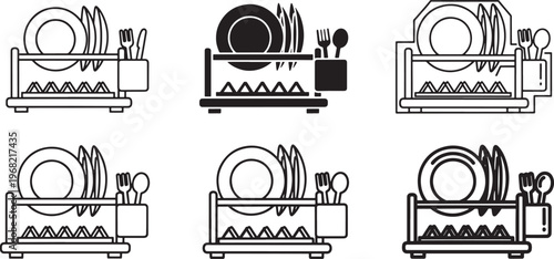 Dish Rack Icon Set, Kitchen Storage Vector Collection, Minimal Outline and Solid Dish Drying Rack Icons for Kitchenware, Household and Home Organization Design