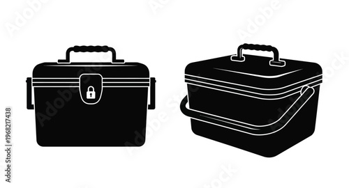 Black tackle boxes in two views on transparent background silhouette