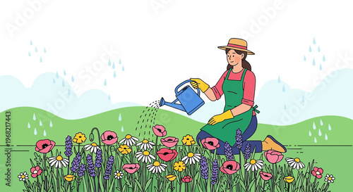 Gardener watering flowers in a meadow with rain falling