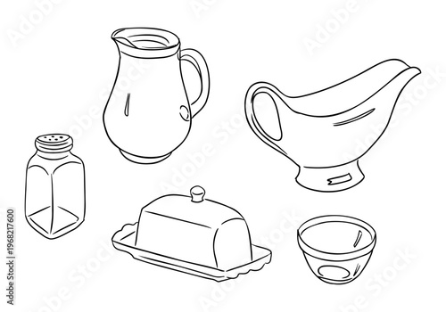 Line art illustration of kitchenware including a pitcher, gravy boat, butter dish, salt shaker, and small bowl arranged on a flat surface