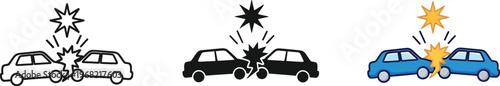 Vector graphic set illustrating two cars colliding head on instantly